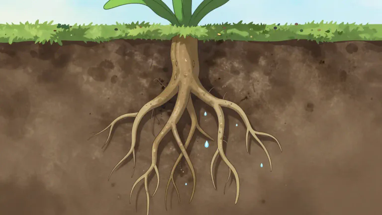 Visual representation of "root" - The part of a plant that grows down into the earth to get water and food and holds the plant firmly in the ground