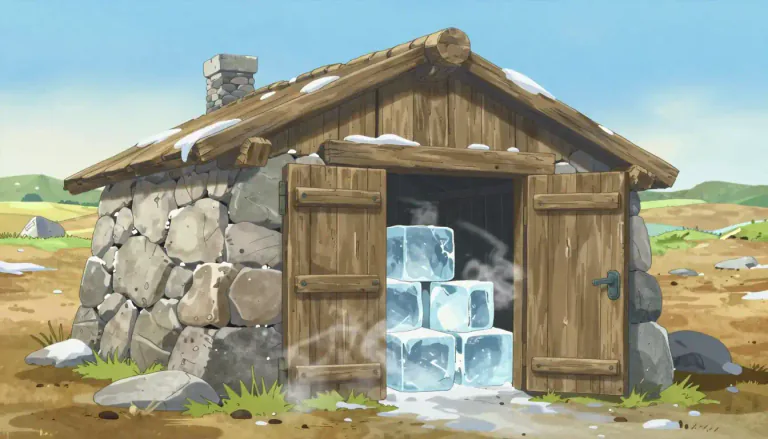 Visual representation of "icehouse" - A building used for storing ice, especially before modern refrigeration.