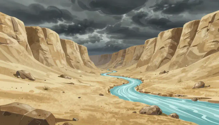 Visual representation of "wadi" - A valley or ravine in dry areas, which in rainy seasons becomes a stream