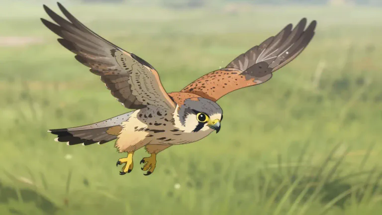Visual representation of "kestrel" - A type of small falcon bird that hovers with rapidly beating wings while looking for prey on the ground