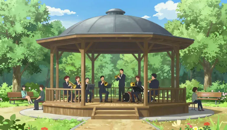 Visual representation of "bandstand" - A covered outdoor platform for a band to play on, usually in a park or public place