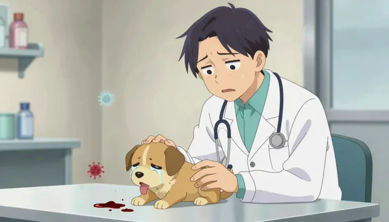 Visual representation of "distemper" - A viral sickness in animals, mainly dogs and cats, that affects different organs and leads to several symptoms like fever and vomiting.