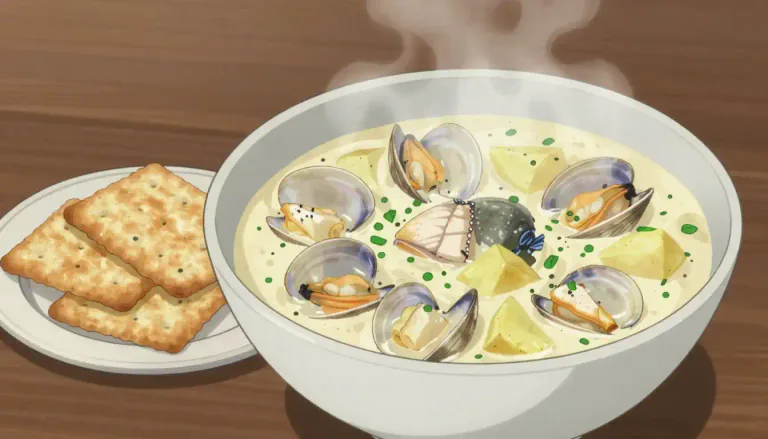 Visual representation of "chowder" - A kind of soup or stew made from seafood or, less often, meat and vegetables, often served with crackers