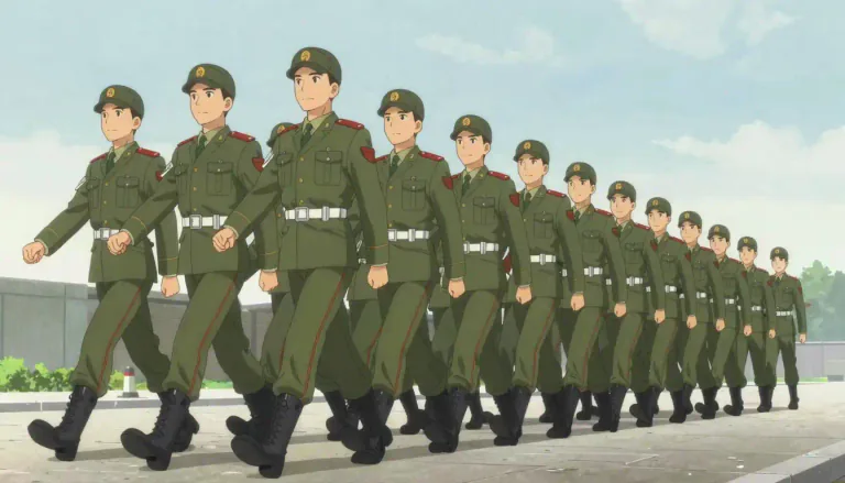 Visual representation of "lockstep" - A way of marching in a very close, organized way where everyone moves at the same time.