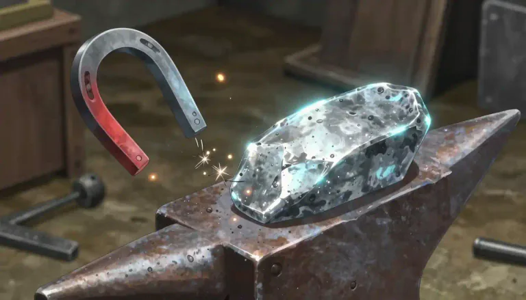 Visual representation of "iron" - It's a chemical element that is strong and can be magnitized. We use it to make many things.
