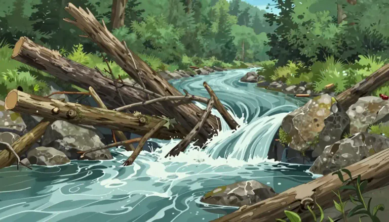 Visual representation of "logjam" - A blockage in a river or stream caused by falling trees or debris.