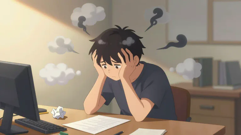 Visual representation of "stew" - To worry or fret about something.