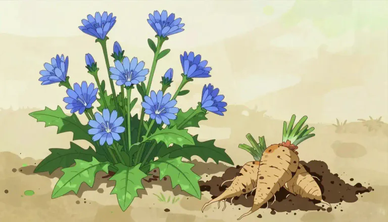 Visual representation of "chicory" - A plant with bright blue flowers, or the roots and leaves of this plant that people use in cooking.