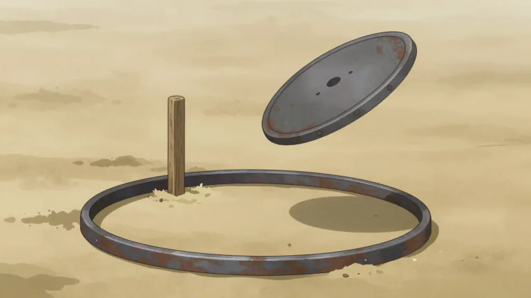 Visual representation of "quoit" - A flat, round ring, usually made of iron or rubber, used in a game where players try to throw it over a small post.