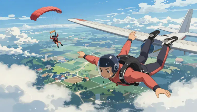 Visual representation of "skydiving" - The sport of jumping from an airplane and performing acrobatic maneuvers in the air during free fall before landing by parachute.