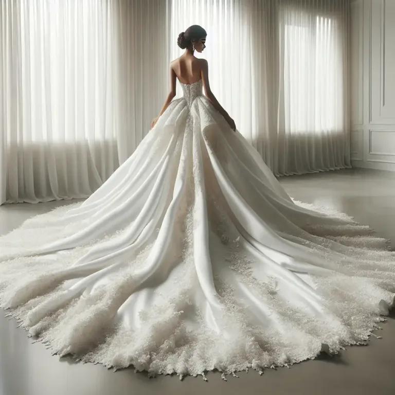 Visual representation of "train" - A long piece of fabric attached to the back of a formal dress or robe that spreads out behind the wearer