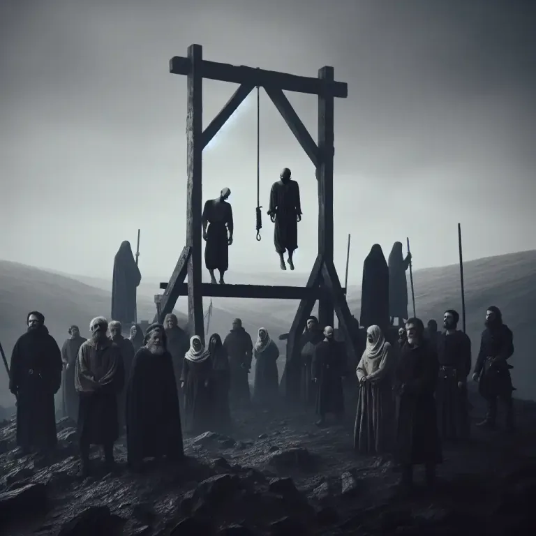 Visual representation of "gibbet" - Used in literature to describe a place of public execution or display of the dead as a warning