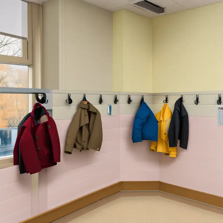 Visual representation of "cloakroom" - A small room or cubicle next to a classroom or office, used to hang clothes or store items.