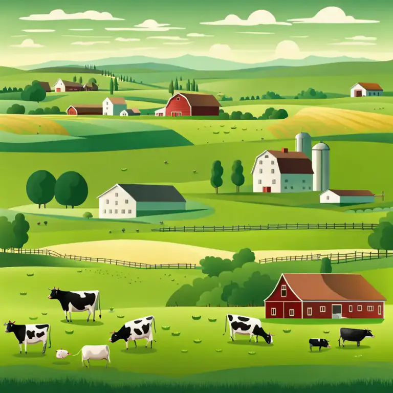Visual representation of "country" - An area outside cities and towns, with fields, farms etc.