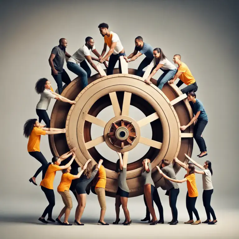 Visual representation of "put your shoulder to the wheel" - To start or continue to work hard on a task