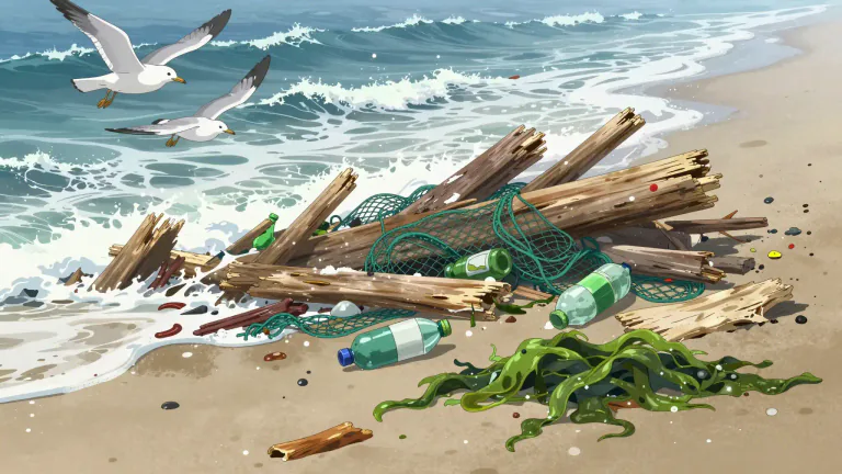 Visual representation of "flotsam" - Waste material or things that have been thrown away, found floating in the sea or washed ashore