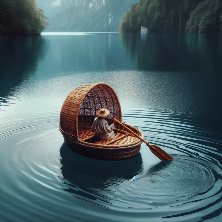Visual representation of "coracle" - A small, round boat made from wicker and covered with a waterproof material, often seen in Wales.