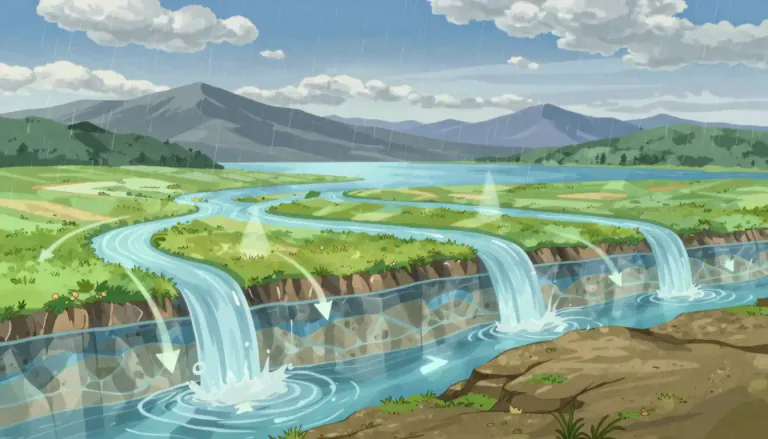 Visual representation of "hydrology" - It is the study of water, its properties, distribution, and effects on the earth's surface, atmosphere, and soil.