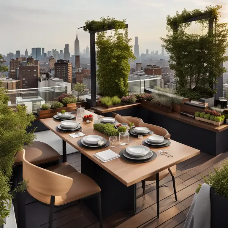 Visual representation of "rooftop" - A level or platform on the top of a building, particularly used for leisure activities like dining or gardening.