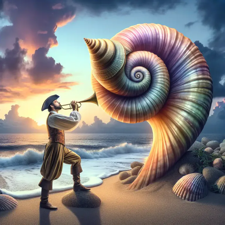 Visual representation of "conch" - The large spiral shell of such a mollusk, used as a horn or in making shell cameos.