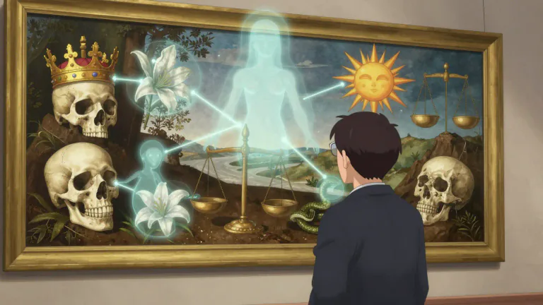 Visual representation of "iconology" - The study of symbols, images, and how they represent ideas or concepts in the arts