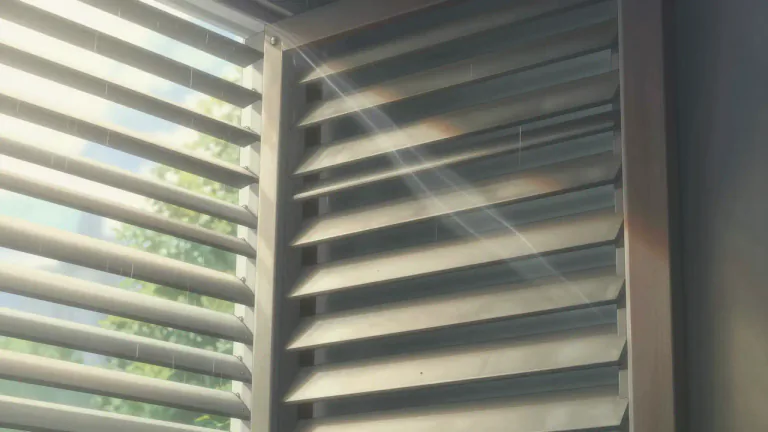 Visual representation of "louver" - A louver is a type of opening, typically in a window or door, with angled slats that allow air and light to enter while keeping out rain and direct sunlight.