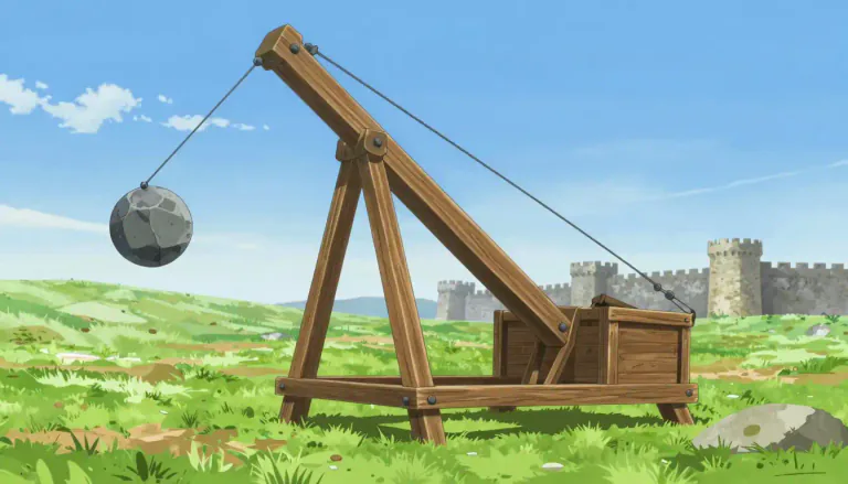 Visual representation of "trebuchet" - A trebuchet is a large medieval machine for throwing heavy objects, especially stones, used in siege warfare.