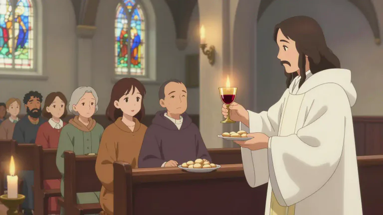 Visual representation of "communion" - A religious ceremony in which people eat bread and drink wine to remember the death of Jesus Christ