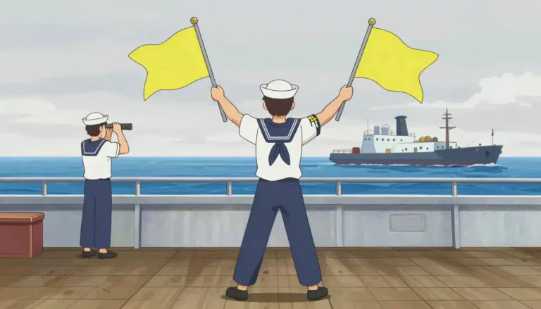 Visual representation of "semaphore" - A system for sending messages by holding the arms or two flags in certain positions to represent different letters.