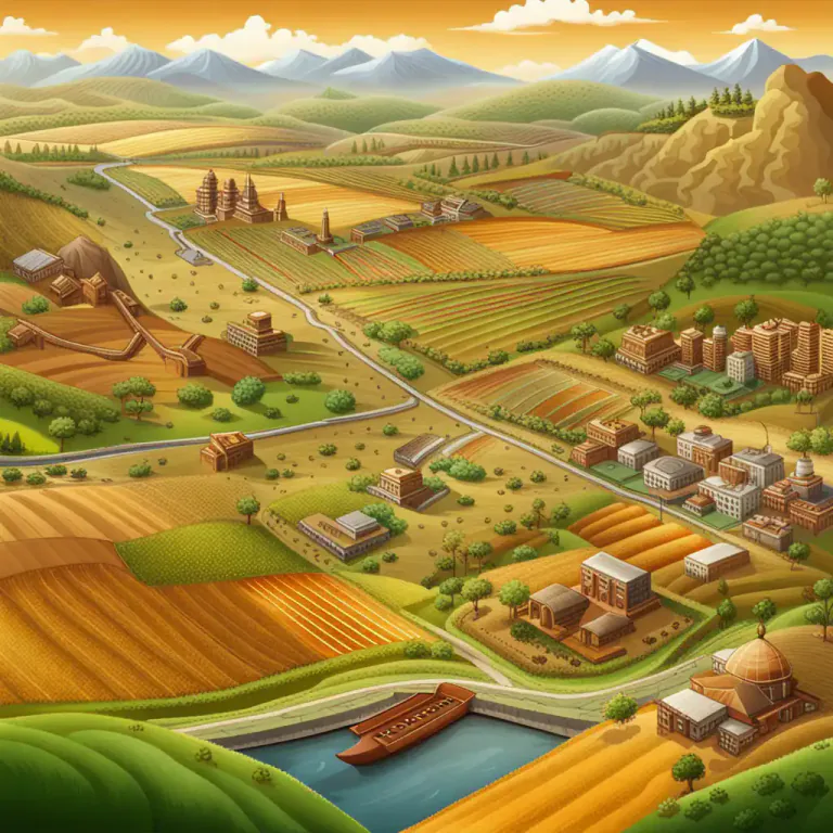 Visual representation of "hinterland" - The parts of a country or economy that provides support and resources to the urban areas, usually encompassing mining, agriculture and other raw material industries.