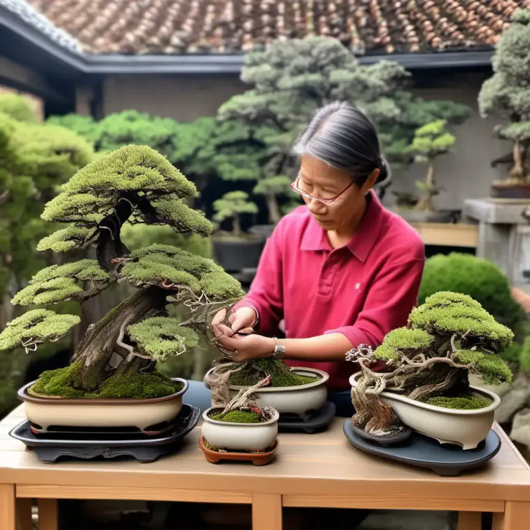 Visual representation of "bonsai" - The Japanese art of growing small trees in a pot by pruning them and keeping their roots short.