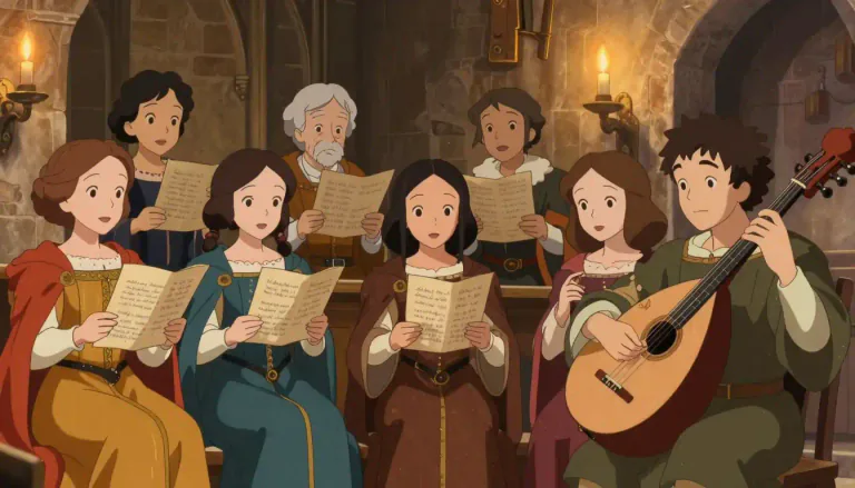 Visual representation of "madrigal" - A type of song with music and poetry, often about love, that was popular in the 16th and 17th centuries.