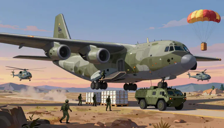 Visual representation of "airlift" - The action of moving troops or supplies by air, particularly in a combat or operational scenario.