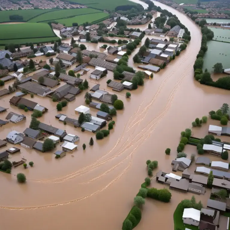 Visual representation of "flood" - To cover or fill a place with a large amount of water