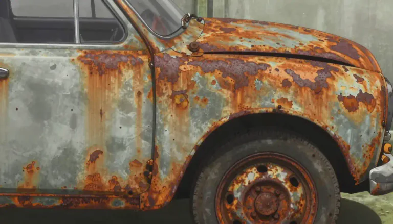 Visual representation of "rusty" - Covered with rust, getting orange-brown marks from iron and oxygen reacting with each other.
