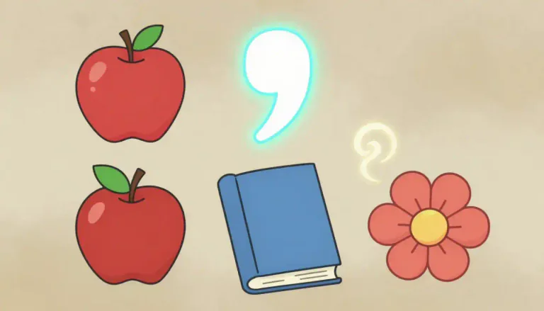 Visual representation of "comma" - A symbol (,) indicating a pause in a sentence or separating things in a list