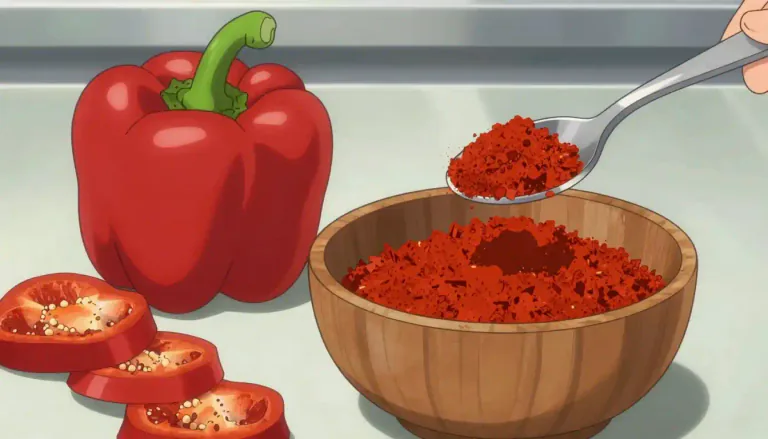 Visual representation of "paprika" - A red powder made from ground sweet red peppers, used to add flavor to food.