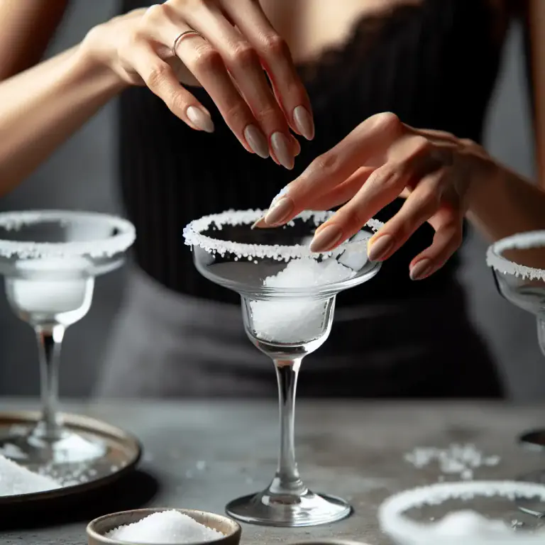 Visual representation of "rim" - To coat the edge of a glass with something, typically salt or sugar, for decoration or taste.