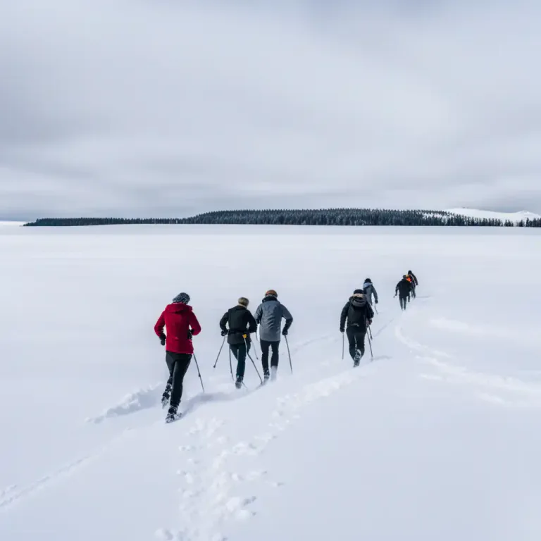 Visual representation of "snowshoe" - To walk in the snow using snowshoes.