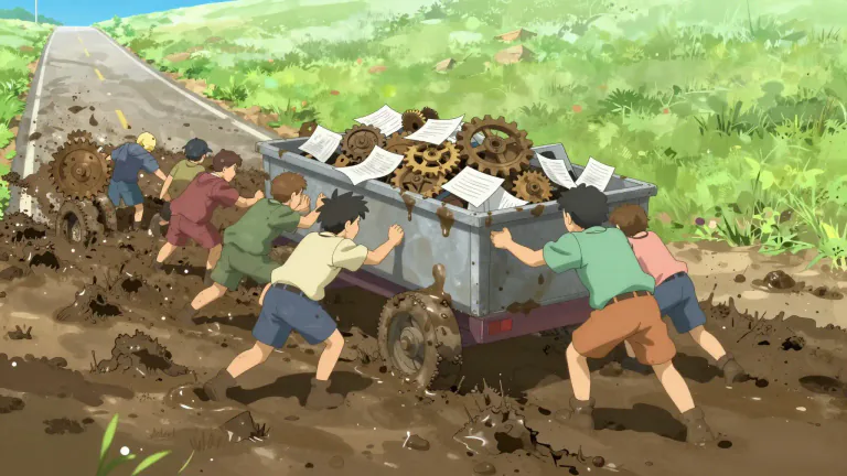 Visual representation of "bog" - To slow someone or something down and prevent progress.