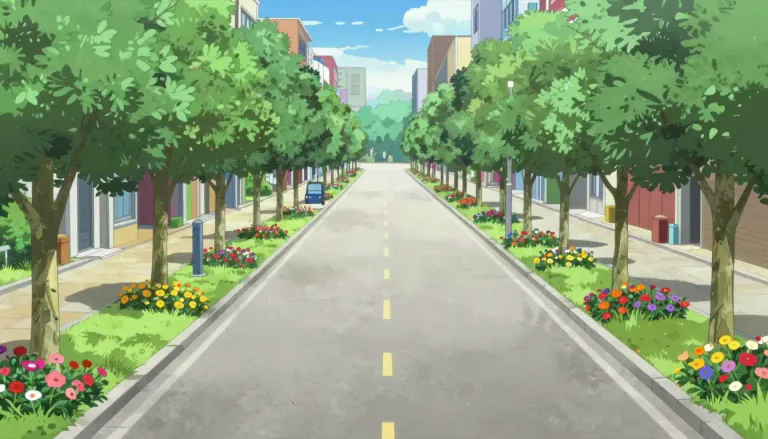 Visual representation of "boulevard" - A wide road in a city or town, often with trees, grass, or flowers on both sides