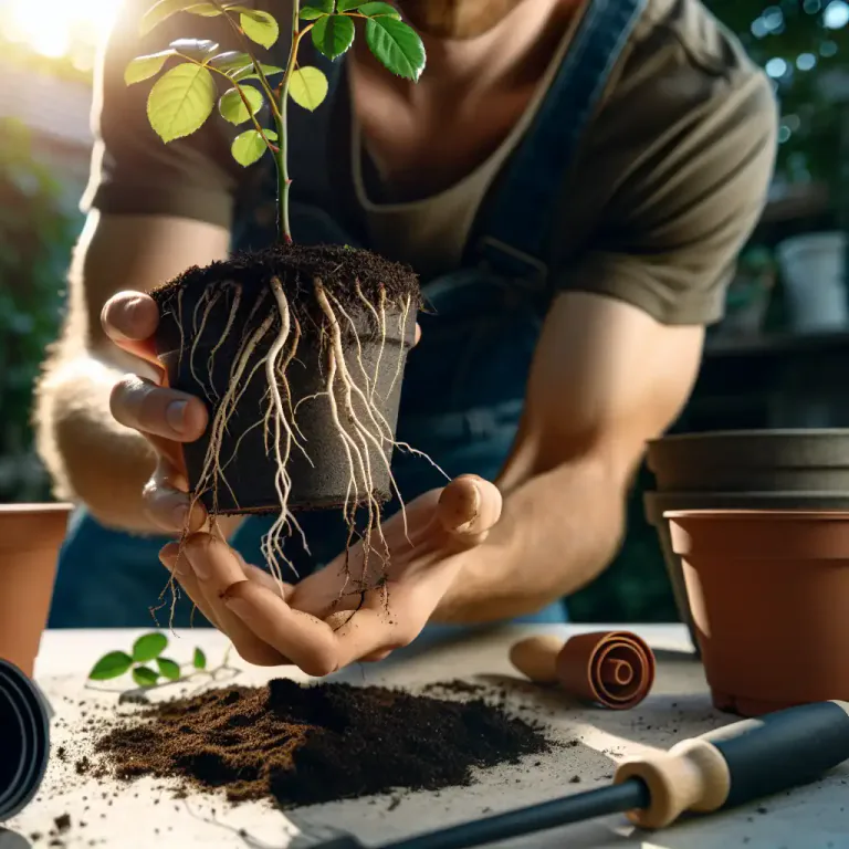 Visual representation of "transplant" - In botany, to move a plant from one pot or place in the ground to another.
