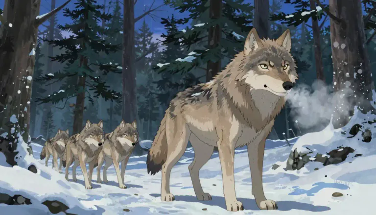 Visual representation of "wolf" - A wild carnivorous mammal which is the largest member of the dog family, often hunts in packs and can be found mainly in remote parts of North America, Eurasia, and North Africa.