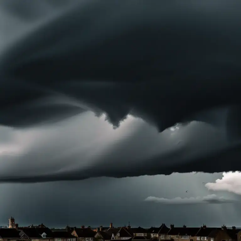 Visual representation of "blow over" - If bad weather or a storm blows over, it stops