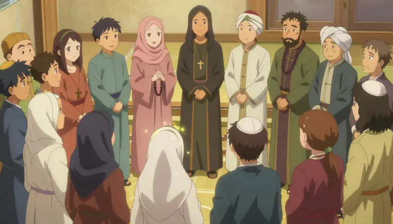 Visual representation of "interfaith" - Related to or involving people from different religions.