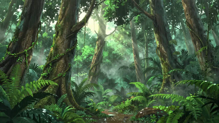 Visual representation of "rainforest" - A type of forest that has a high amount of rain yearly, usually found near the Equator.