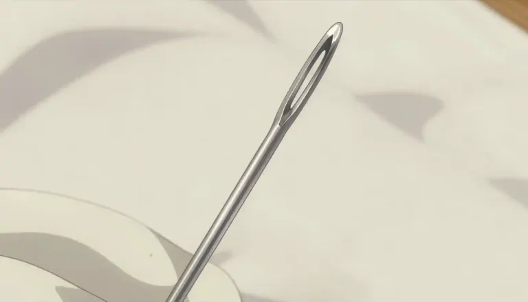 Visual representation of "needle" - A small, very thin piece of metal with a hole at one end and a point at the other, used for sewing