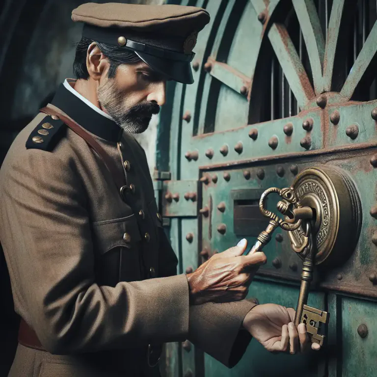 Visual representation of "turnkey" - A jailer or a person in charge of the keys of a prison.