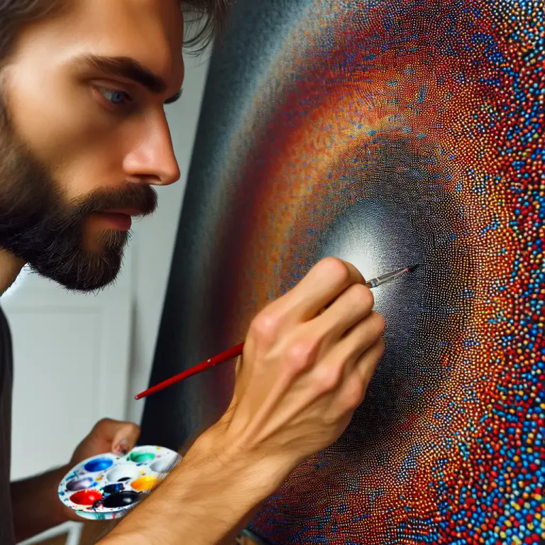 Visual representation of "pointillist" - Relating to or denoting pointillism.