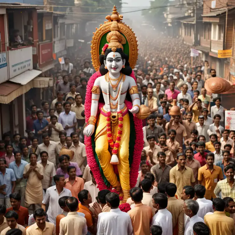 Visual representation of "juggernaut" - In Hinduism, a title of Krishna, under which he is worshipped in the form of a large wooden image at Puri in Odisha, India.